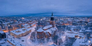 Turku Cathedral and the city skyline in winter night in Turku, Finland