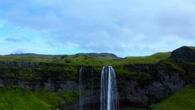 Aerial panoramic landscape of breathtaking Seljalandsfoss waterfall in Iceland