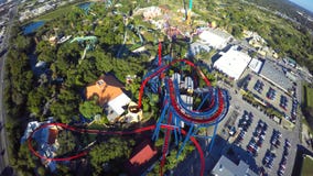 Aerial Roller Coaster. Aerial video of a roller coaster at a theme park Aerial Roller Coaster. Aerial video of a roller coaster at a theme park