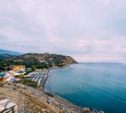 Aerial Top Panorama view of Aghia Galini beach at Crete island in Greece. South coast of the Libyan sea. royalty free stock photography Aerial Top Panorama view of Aghia Galini beach at Crete island in Greece. South coast of the Libyan sea. royalty free stock photography