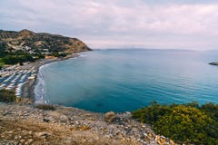 Aerial Top Panorama view of Aghia Galini beach at Crete island in Greece. South coast of the Libyan sea. royalty free stock images Aerial Top Panorama view of Aghia Galini beach at Crete island in Greece. South coast of the Libyan sea. royalty free stock images