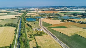 Aerial top view of Canal du Midi and vineyards from above, beautiful rural countryside landscape of France Royalty Free Stock Photos Aerial top view of Canal du Midi and vineyards from above, beautiful rural countryside landscape of France Royalty Free Stock Photos