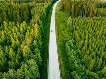 Aerial view from above of country road through the green summer forest in summer Finland.