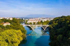Aerial view of Arve an Rhone river confluent in Geneva Switzerl stock photos Aerial view of Arve an Rhone river confluent in Geneva Switzerl stock photos