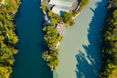 Aerial view of Arve an Rhone river confluent in Geneva Switzerl stock images Aerial view of Arve an Rhone river confluent in Geneva Switzerl stock images