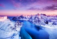 Aerial View At The Lofoten Islands, Norway. Mountains And Sea During Sunset. Stock Images