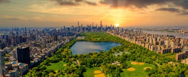Aerial view of the Central Park in New York during sunset