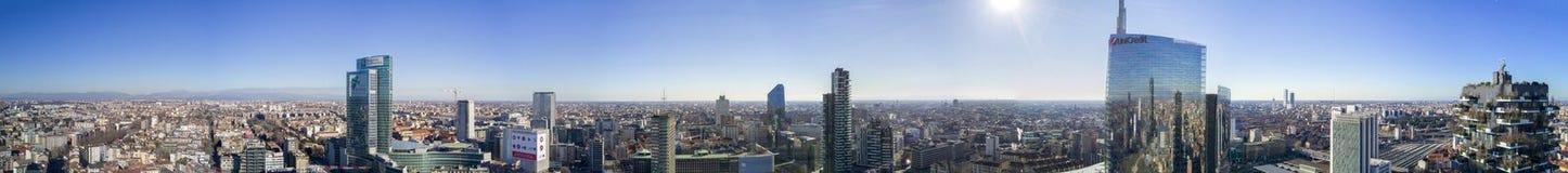 Aerial view of 360 degrees of the center of Milan, Vertical Forest, Unicredit Tower, Palazzo Lombardia, Torre Solaria, Italy