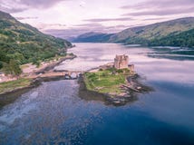Aerial view of the historic Eilean Donan Castle by Dornie, Scotland royalty free stock image Aerial view of the historic Eilean Donan Castle by Dornie, Scotland royalty free stock image