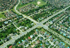 Aerial view of intersection in residential area