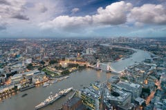 Aerial view of London Tower Bridge and skyline at night, London Stock Images Aerial view of London Tower Bridge and skyline at night, London Stock Images