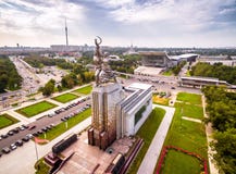 Aerial view of Moscow with soviet monument Worker and Collective stock images Aerial view of Moscow with soviet monument Worker and Collective stock images