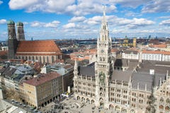 Aerial view Munich with New Town Hall and Cathedral Church of Our Lady