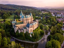 Aerial View Of Castle Bojnice, Central Europe, Slovakia. UNESCO. Sunset Light. Royalty Free Stock Image Aerial View Of Castle Bojnice, Central Europe, Slovakia. UNESCO. Sunset Light. Royalty Free Stock Image