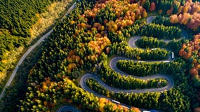 Aerial View Of Forest Road In Beautiful Autumn .at Sunset. Mountain Roads Details With Colourful Landscape With Heavy Traffic And Stock Photography Aerial View Of Forest Road In Beautiful Autumn .at Sunset. Mountain Roads Details With Colourful Landscape With Heavy Traffic And Stock Photography