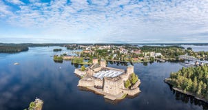 Aerial view of Olavinlinna Castle and Savonlinna Town Center in Summer in Finland