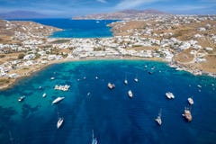 Aerial view of Ornos beach on the island of Mykonos Royalty Free Stock Photos Aerial view of Ornos beach on the island of Mykonos Royalty Free Stock Photos