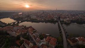 Aerial view of Prague and Vltava river at sunset Stock Images Aerial view of Prague and Vltava river at sunset Stock Images