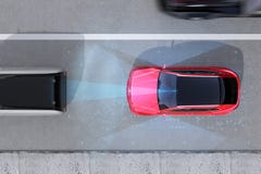 Aerial view of red SUV emergency braking to avoid car crash. Automatic Emergency Braking Emergency brake system concept. 3D rendering image stock photos Aerial view of red SUV emergency braking to avoid car crash. Automatic Emergency Braking Emergency brake system concept. 3D rendering image stock photos