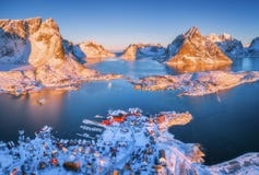 Aerial view of Reine at sunrise in winter in Norway. Top view Stock Images Aerial view of Reine at sunrise in winter in Norway. Top view Stock Images