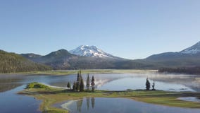 Aerial view of sunrise at Sparks Lake, Bend, Oregon, USA Drone panorama view of picturesque northwest natural landscape