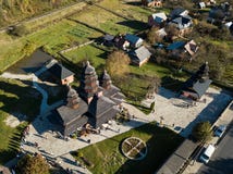 Aerial view to wooden church of Holy Prophet Elijah, Yaremche, Carpathians mountains, Ukraine Stock Photography Aerial view to wooden church of Holy Prophet Elijah, Yaremche, Carpathians mountains, Ukraine Stock Photography