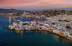 Aerial view of the town of Mykonos after sunset Stock Images Aerial view of the town of Mykonos after sunset Stock Images