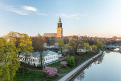 Aerial view of Turku cathedral with blossoming cherry trees