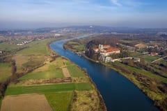 Aerial view of Tyniec Benedictine abbey, Vistula river, Cracow and Silver Mount with Camaldolese Hermit Monastery. Poland, autumn royalty free stock image Aerial view of Tyniec Benedictine abbey, Vistula river, Cracow and Silver Mount with Camaldolese Hermit Monastery. Poland, autumn royalty free stock image
