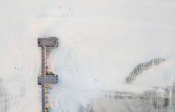 Aerial view of wooden dock on sandy beach stock photos Aerial view of wooden dock on sandy beach stock photos