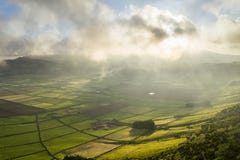 Aerial views on the typical abstract countryside of the east of Terceira Island, one of the islands of the Açores Azores