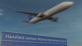 Aeroplano commerciale che decolla alla rappresentazione editoriale 3D dell'aeroporto internazionale diHartsfield-Jackson Atlanta immagini stock Aeroplano commerciale che decolla alla rappresentazione editoriale 3D dell'aeroporto internazionale diHartsfield-Jackson Atlanta immagini stock