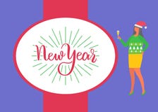 Affischen för det lyckliga nya året, kvinna firar Xmas-partiet stock illustrationer Affischen för det lyckliga nya året, kvinna firar Xmas-partiet stock illustrationer