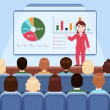 Affärskvinna i dräktdanandepresentation som ombord förklarar diagram för åhörare i konferenskorridoren, affärsseminarium, tra royaltyfri illustrationer Affärskvinna i dräktdanandepresentation som ombord förklarar diagram för åhörare i konferenskorridoren, affärsseminarium, tra royaltyfri illustrationer