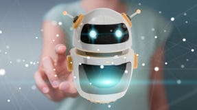 Affärskvinna som använder digital renderi för chatbotrobotapplikation 3D stock illustrationer Affärskvinna som använder digital renderi för chatbotrobotapplikation 3D stock illustrationer