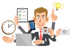 Affärsman som gör multitaskingen, brunt hår, nykomling vektor illustrationer Affärsman som gör multitaskingen, brunt hår, nykomling vektor illustrationer