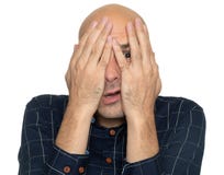 Afraid man covering his face with hands royalty free stock photo Afraid man covering his face with hands royalty free stock photo