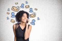 African american girl on phone, email icons stock photo African american girl on phone, email icons stock photo