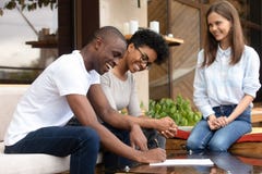 African american happy young couple sign mortgage loan insurance contract stock images African american happy young couple sign mortgage loan insurance contract stock images