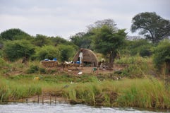Afrikanische Hütte nahe bei Fluss Stockfotos