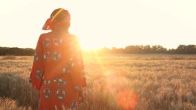 Afrikansk kvinna i traditionell kläder som står i ett fält av skördar på solnedgången eller soluppgång lager videofilmer Afrikansk kvinna i traditionell kläder som står i ett fält av skördar på solnedgången eller soluppgång lager videofilmer