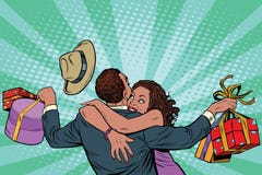 Afroamerikanerpaarglück von den Geschenken und vom Einkaufen lizenzfreie abbildung Afroamerikanerpaarglück von den Geschenken und vom Einkaufen lizenzfreie abbildung