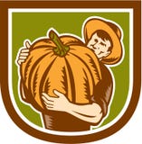 Agricoltore organico Holding Pumpkin Shield retro illustrazione di stock Agricoltore organico Holding Pumpkin Shield retro illustrazione di stock