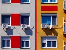 Air Conditioning Condenser Units Installed On Exterior Wall. Stock Photo Air Conditioning Condenser Units Installed On Exterior Wall. Stock Photo