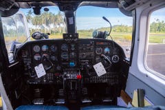 Air travel in Fiji, Melanesia, Oceania. View from a flight deck cockpit window of a small airplane to a remote airstrip. stock image Air travel in Fiji, Melanesia, Oceania. View from a flight deck cockpit window of a small airplane to a remote airstrip. stock image
