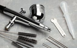 Airbrush Cleaning. Brushes And Other Airbrush Cleaning Tools Stock Photo