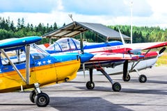 Aircraft In Close-up On Different Small Planes. Royalty Free Stock Photo