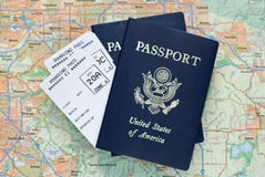 Airplane boarding passes, American passports, map Royalty Free Stock Image Airplane boarding passes, American passports, map Royalty Free Stock Image
