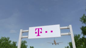 Airplane flying over advertising billboard with T-Mobile logo. Editorial 3D rendering 4K clip royalty free illustration Airplane flying over advertising billboard with T-Mobile logo. Editorial 3D rendering 4K clip royalty free illustration