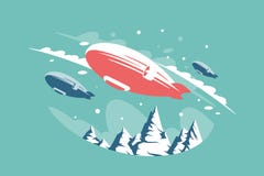 Airships in air above snowy mountains. stock illustration Airships in air above snowy mountains. stock illustration